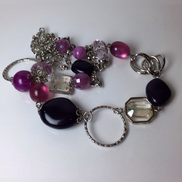 Pink And Purple Bead Silver Tone Chain Necklace 36.5 Inches - Picture 4 of 6